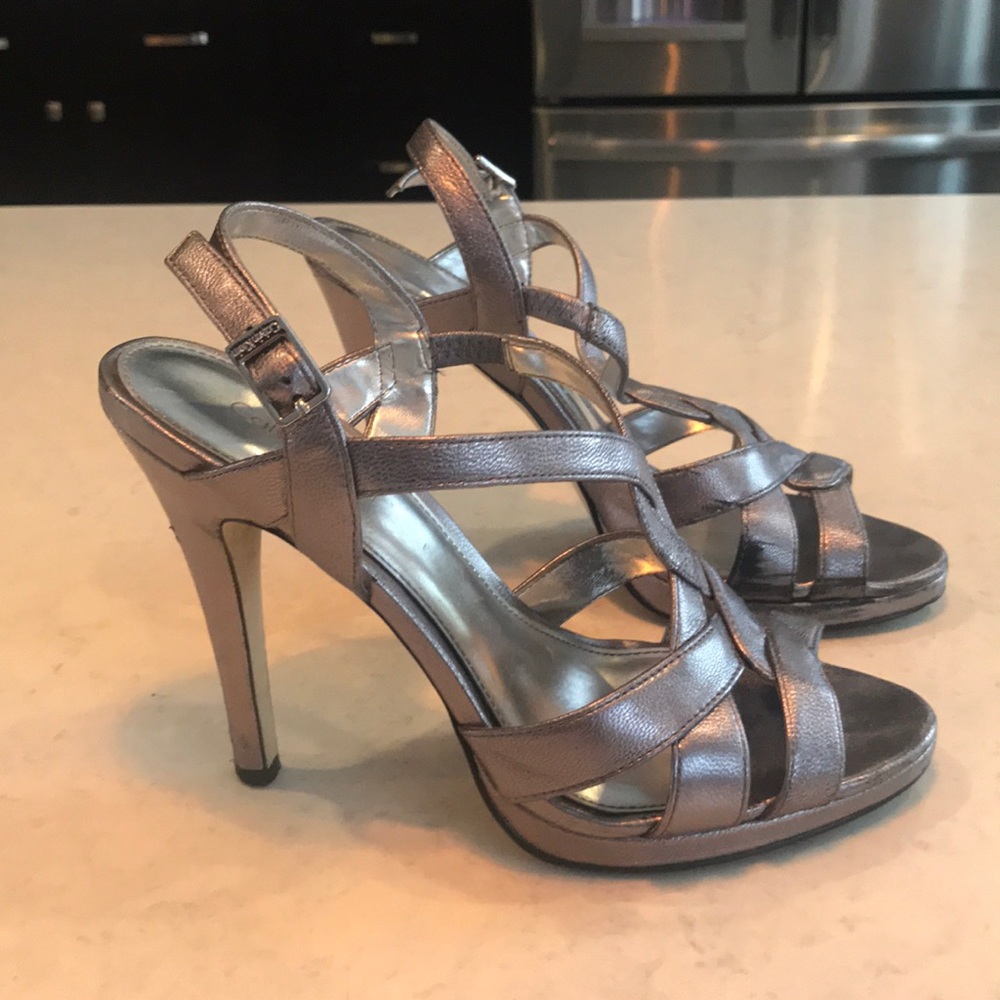 Pewter sling-back strappy sandal with 4 inch heel